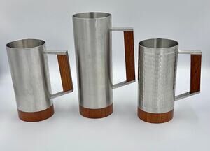 Danish Modern tiki Era Royal Selangor Pewter & Teak Mug Tankard Steins Set
